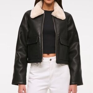 Abercrombie & Fitch Black Leather Jacket with Cream Collar